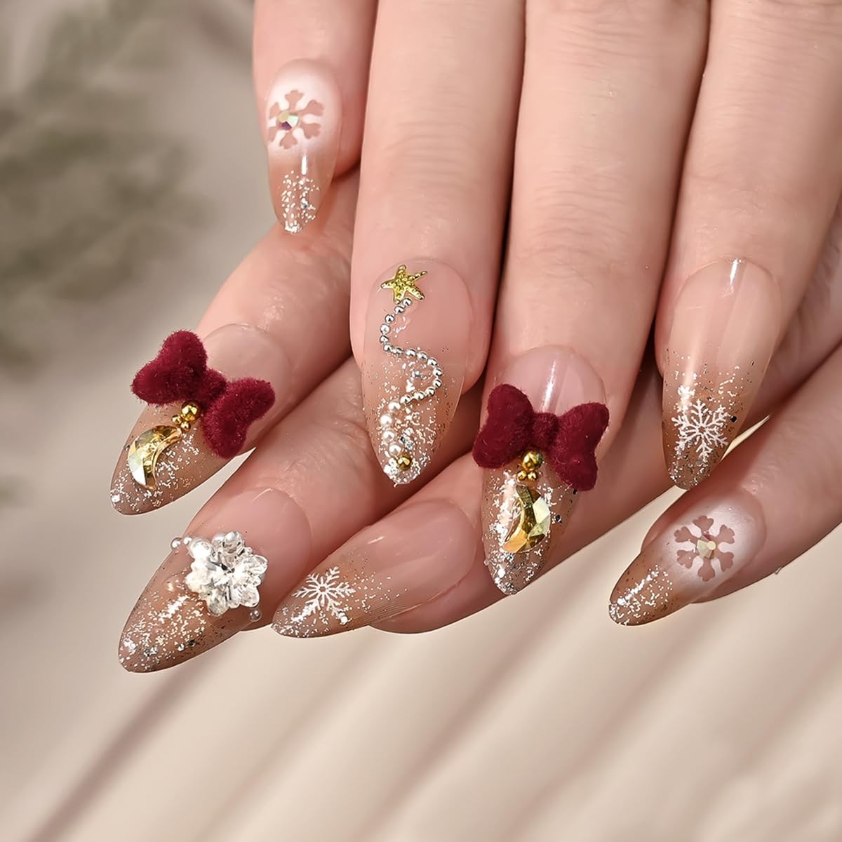 24Pcs Christmas Press on Nails Short Almond Brown Ombre Fake Nails with 3D Bo…