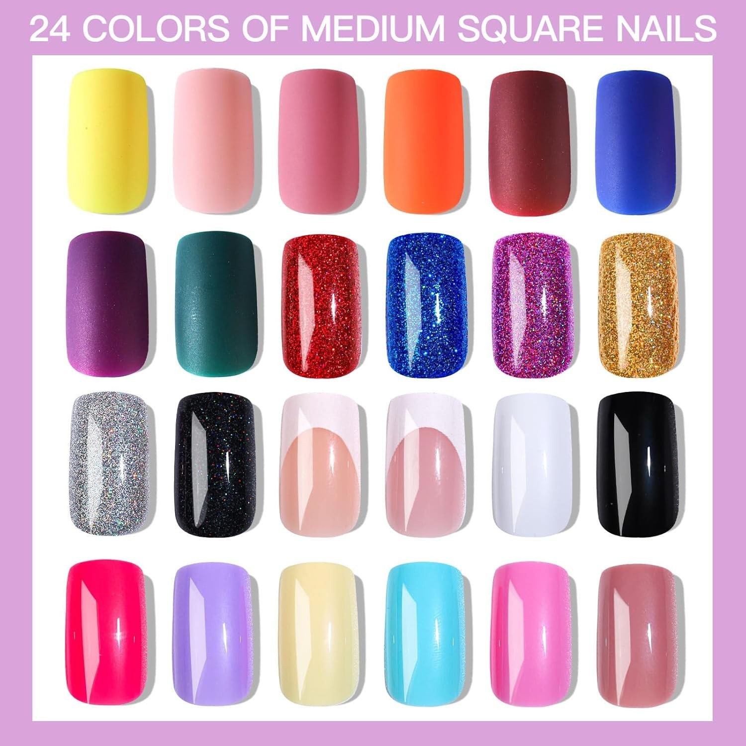 Dazzling Glitter Press On Nails Medium Square Kit 24 Pack with Nail Art Stickers