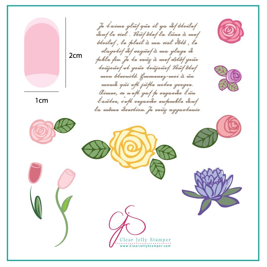 HTF Clear Jelly Stamper Layered Nail Stamp Plate CJS-02 Simple Rose & Script