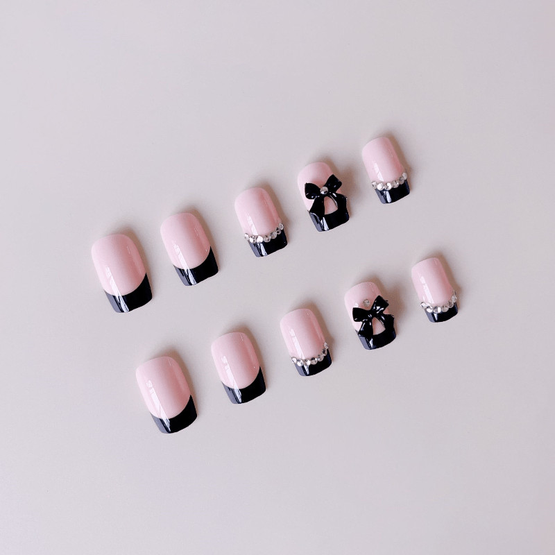48Pcs-Short Square Nude Black French 3D Bow Silver Bead Press on Nails Set