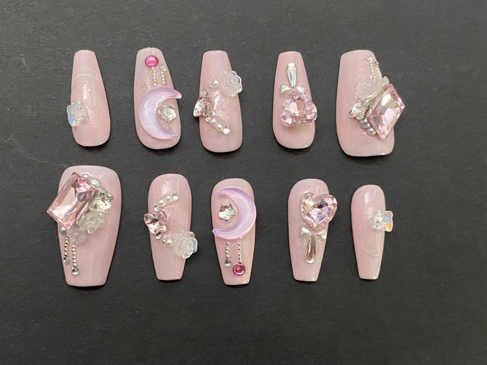 Diamond Shine Pink Nails- Custom Gel Press on Nails Handmade 10 pc set MEDIUM