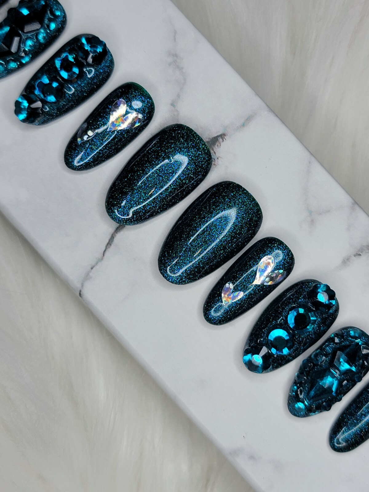 Dark green teal nails bling medium natural oval press on nails apres tips hearts