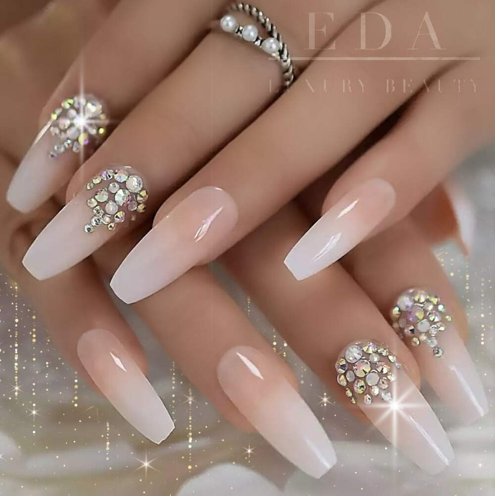 Nude Pink White Ombre French 3D Crystal Ballerina Extra Long Press On Nails Set