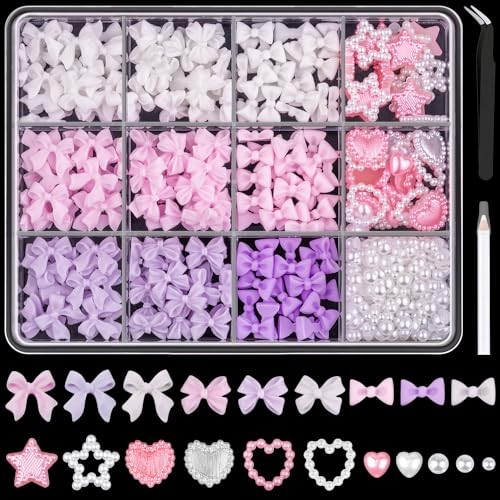 3D Nail Charms and Flatback Pearls #3, 600 Pcs Pink White Lilac Multi Styles …