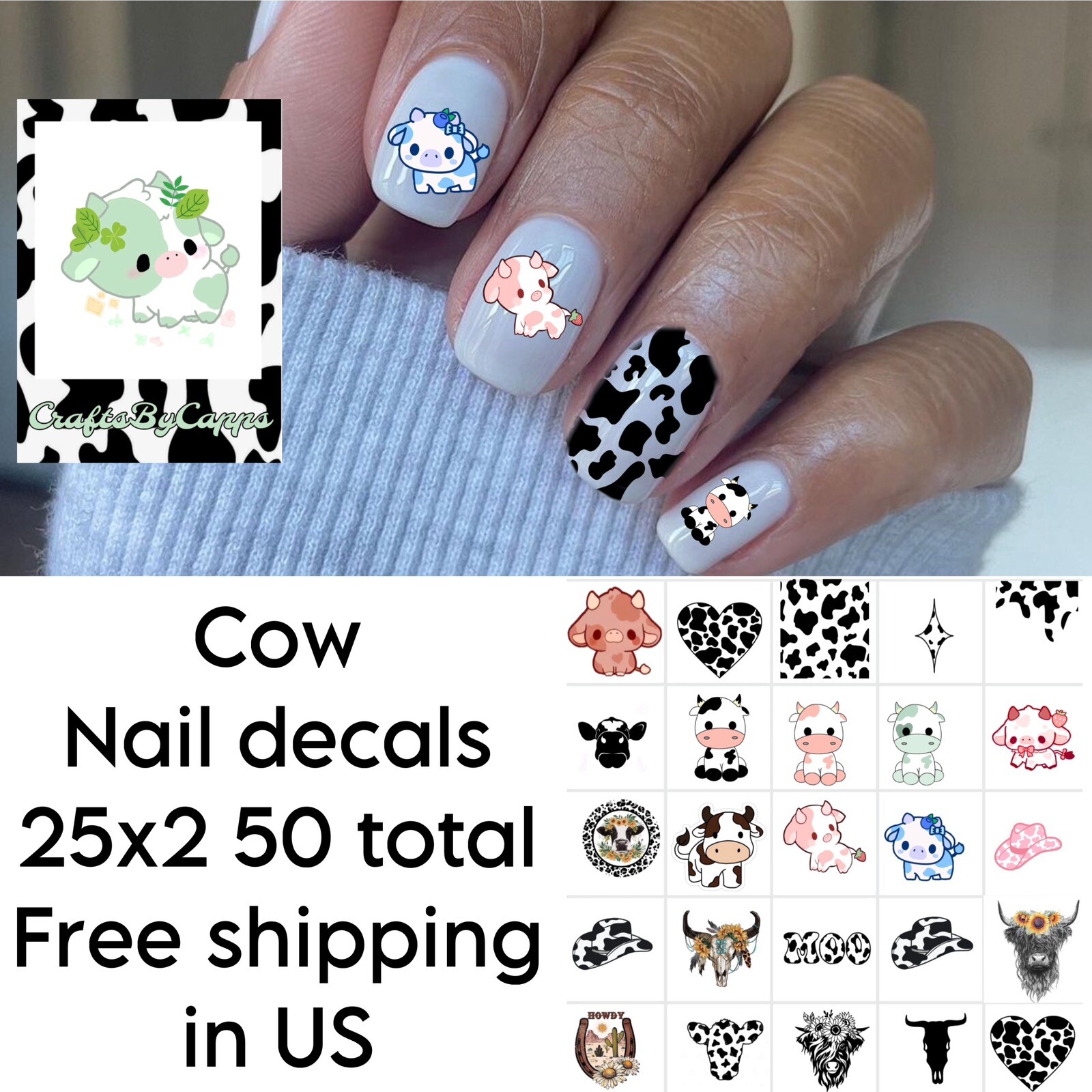 Cow Nail Decals Set Of 50