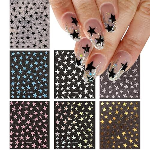 7 Sheets Star Nail Stickers Decals Gold Silver White Black Star Nail Style-d