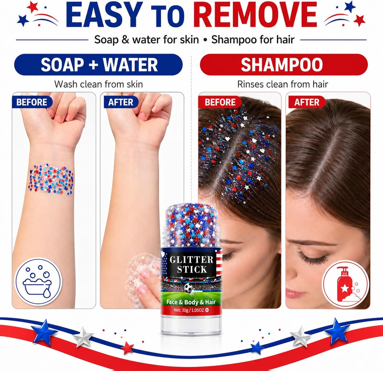 Red White Blue Glitter Stick for Hair Body, Waterproof Patriotic Glitter with…