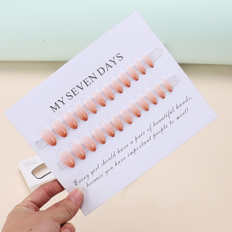 Nude Press on Nails Short Almond Fake Nails Glossy Ombre Press Ons with Designs