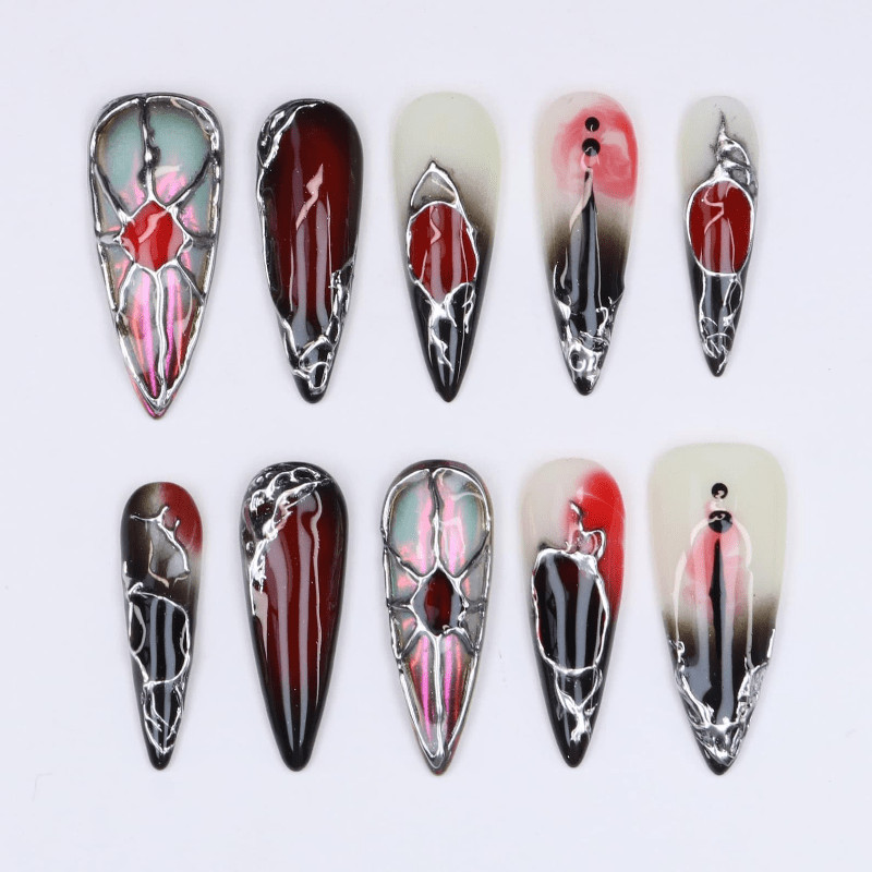 Dark Red Metal Handmade Press on Nails Silver Wire Gradient Gothic Fake Nails