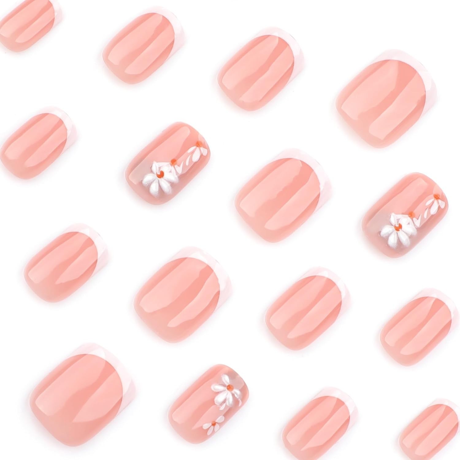 French Nude Press On Nails Short Square, Summer Fake Nails with White French …