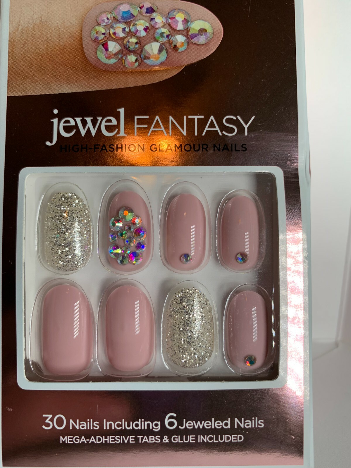 Kiss Nails Jewel Fantasy Glue or Press on Medium Pink Silver Glitter with jewel