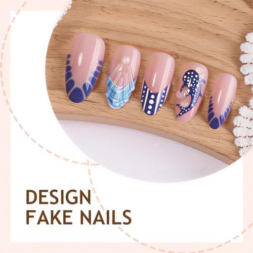 Summer Press on Nails – Short Almond Fake Nails with Shine Pearl Polka Blue Fish