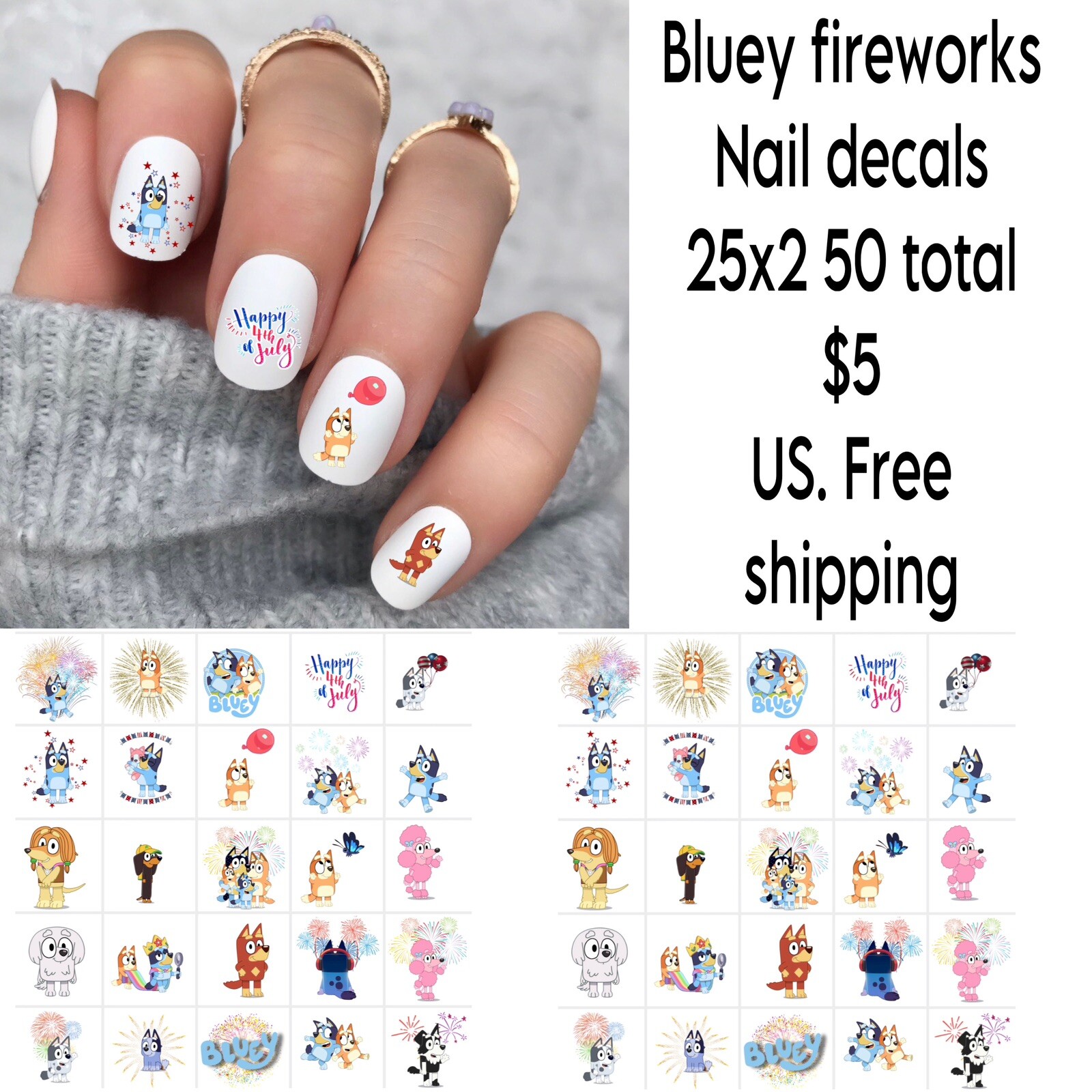Bluey Fireworks 4th Of July Nail Decals Set Of 50
