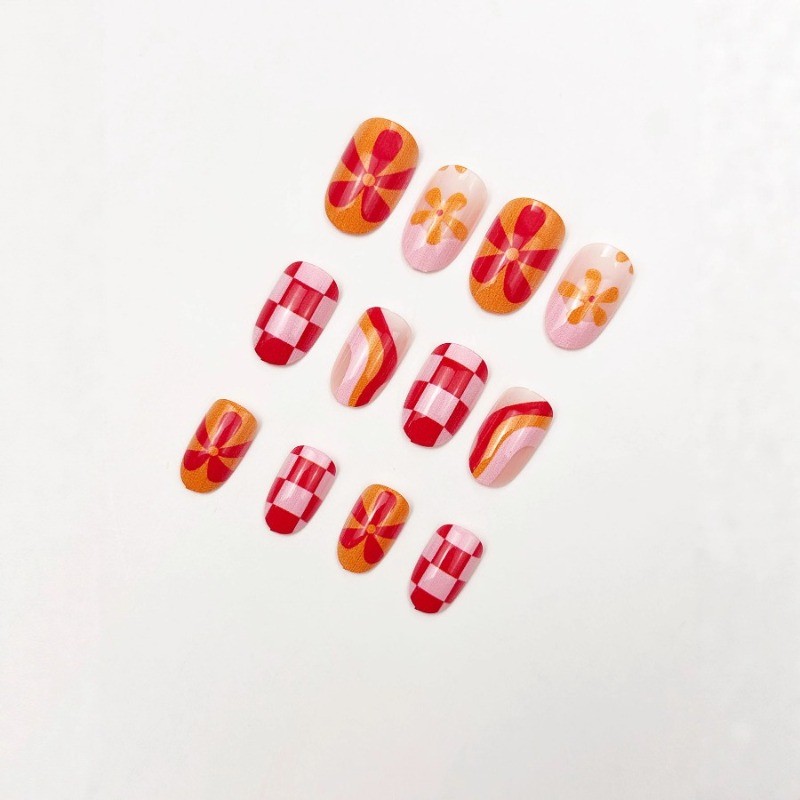 48PCS detachable reusable pink orange flower and checkerboard pattern fake nails