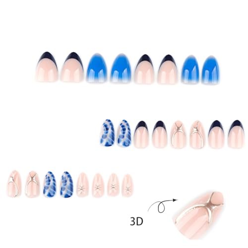 Almond Short Spring Blue Smudge Nails – Style A25 – Press on Nails