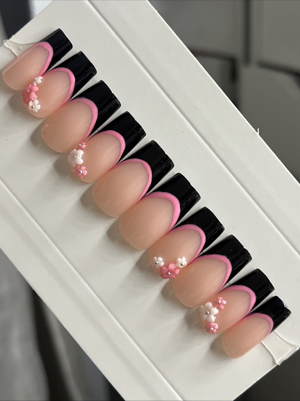 🌸 CUSTOM Press On Nails FRENCH BLACK Flower PINK 10p SET W Kit