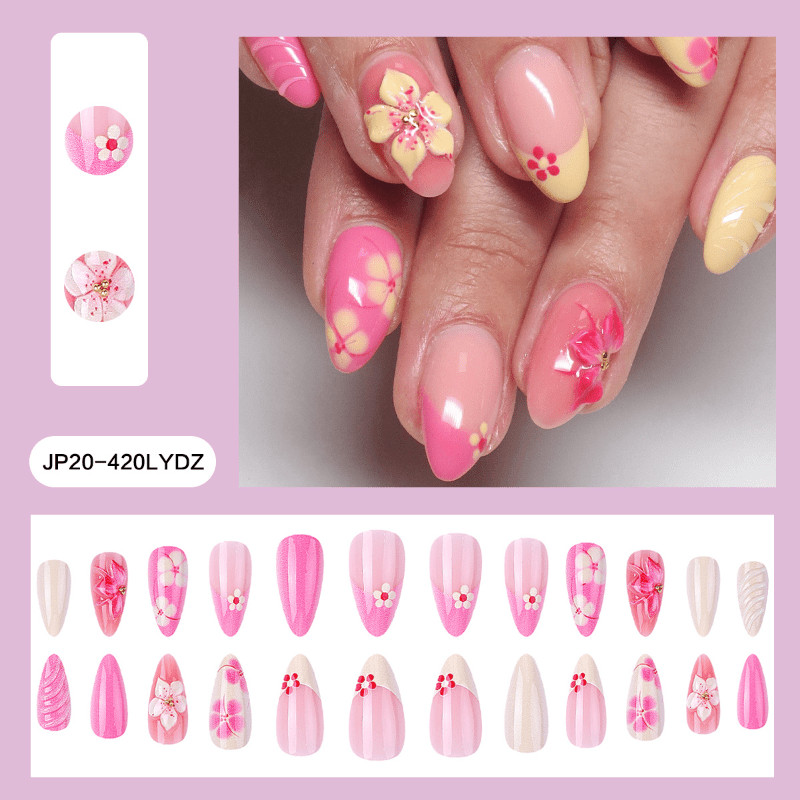 48pcs Almond Press on Nails, Pink Yellow 3D Flower Hand Paint Summer Nails