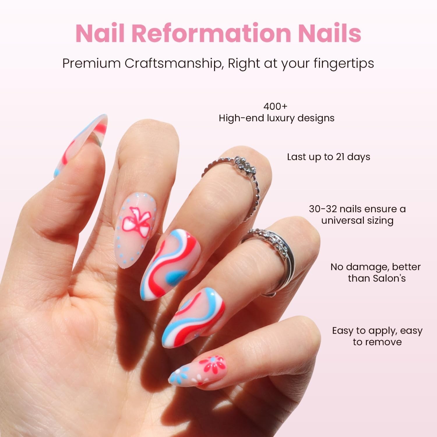 Red White & Blue Swirl Press On Nails – Medium Almond 3D Stars & Bows, 30 Piece