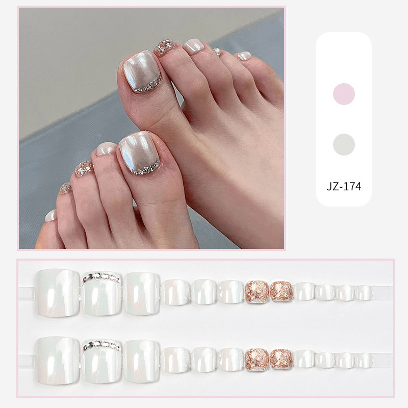 48p Short Square Press on Toe Nails,Silver Cat Eye Glitter Rhinestone Foot Nails