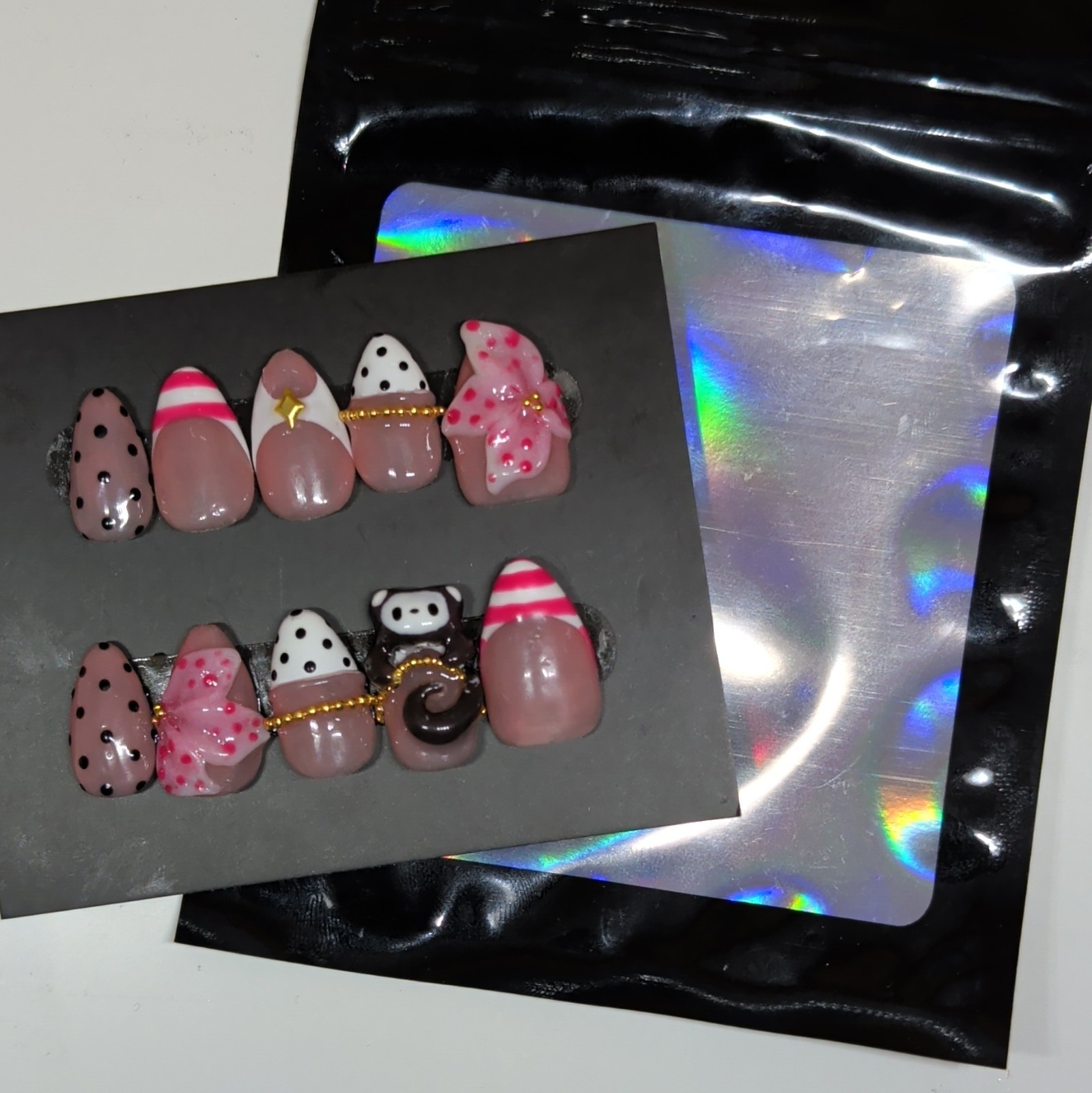 10 Piece Short Almond Press-On Nails, 3D Animal Theme, Pink White Black Gold