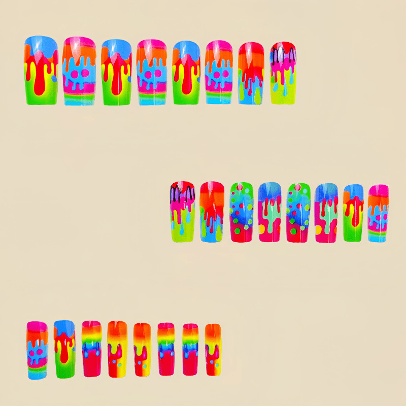 48Pcs Coffin Neon Rainbow Drip Press on Nails Trendy Party Stylish Nails