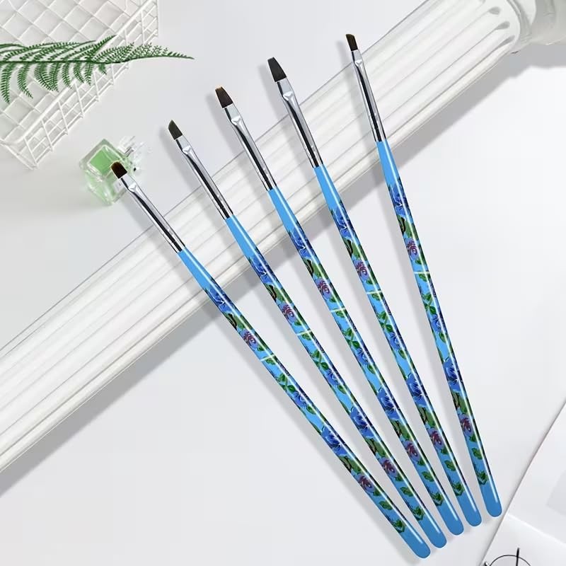 5Pcs UV Gel Nail Brush Set, Floral Handle Flat & Angled Nail Art Brushes, Blue
