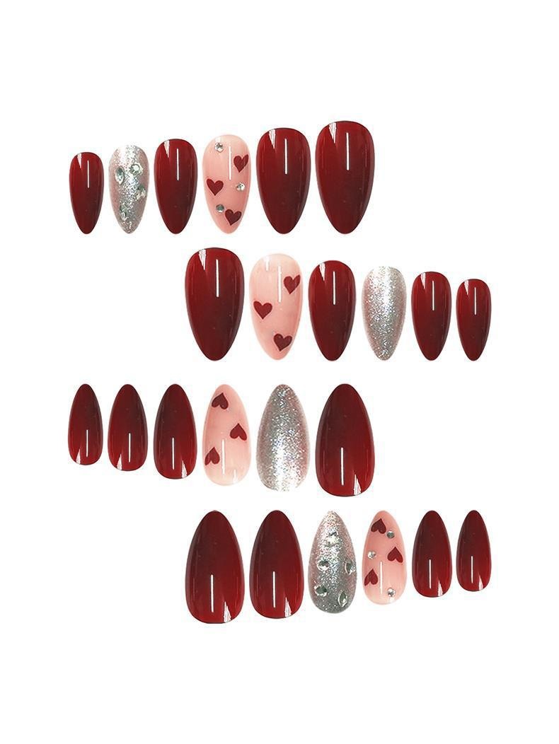 Almond Glitter Press On Nails Double Sided Love Heart Removable