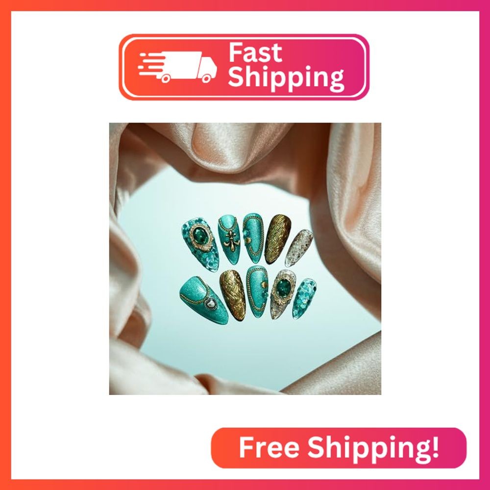 Tesytto Handmade 3D Press on Nails Medium Almond Luxury Vintage, Size M