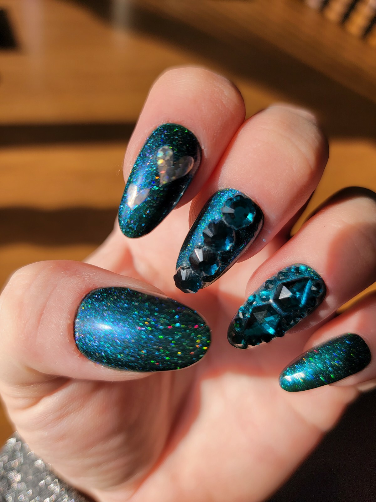 Dark green teal nails bling medium natural oval press on nails apres tips hearts
