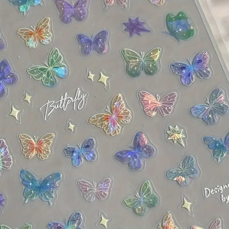 Nail Art Stickers Butterfly Iridescent Glitter Holographic Transparent Decals