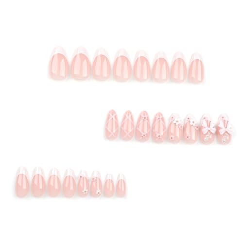 3D Pink Bow Press on Nails Medium Almond Fake Nails White French Tip with Bow