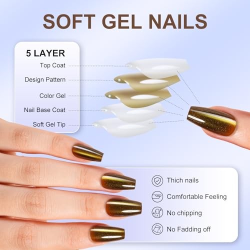Cat Eye Press On Nails, 150Pcs Coffin Cat Eye Nail Tips, Glossy Glitter Soft
