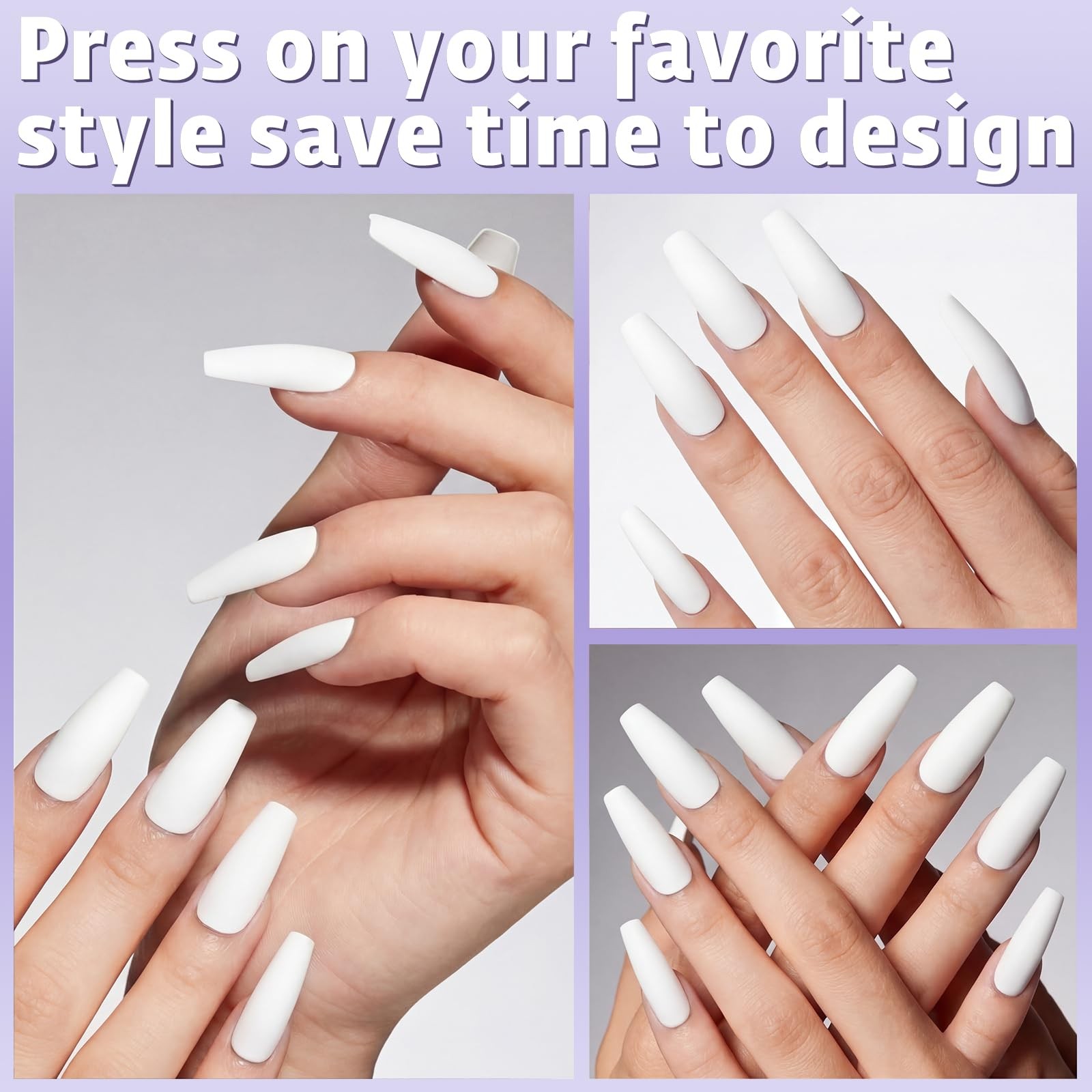 120pcs White Matte Press on Nails Long Coffin Press on Nail with Glue and Jel…