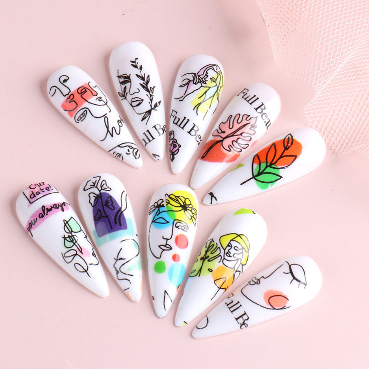 10Rolls Foil Stickers Abstract Face Line Leaf Nail Art Transfer Paper Wrap Decor
