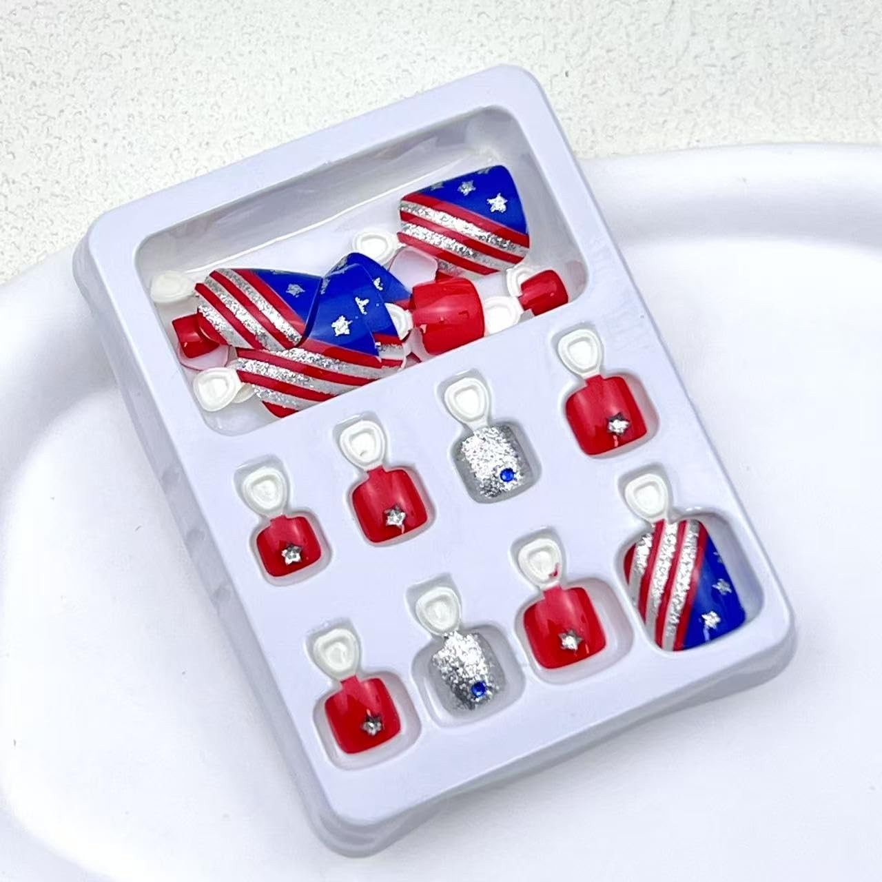Independence Day Glitter Stripe Press-On Toenails Short Square False Toenails…