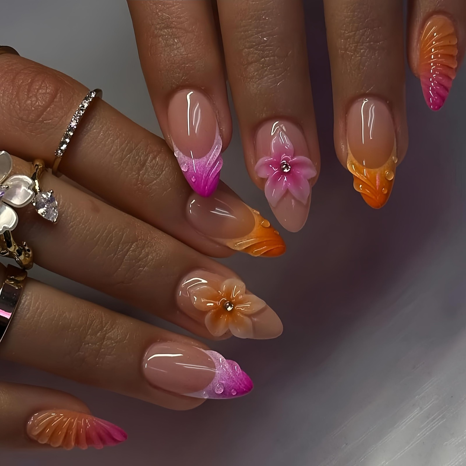 Medium Almond Press on Nails Flower Acrylic Fake 3.9*1.8*0.03, Multicolor