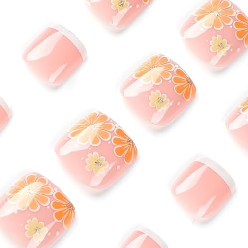 Flower Press on Toenails Square Fake Toenails White French Tip Short Style-8