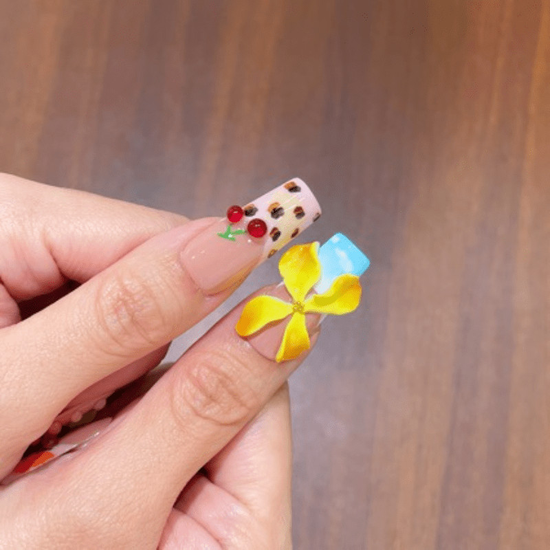 10pcs Long Square Press on Nails,Colorful 3D Flower Cherry Printed Fashion Nails