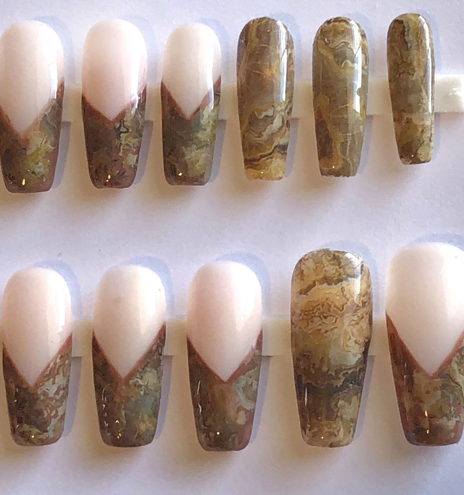 Custom Handmade Press On Nails Long Coffin Milky White Brown French Marble Nails
