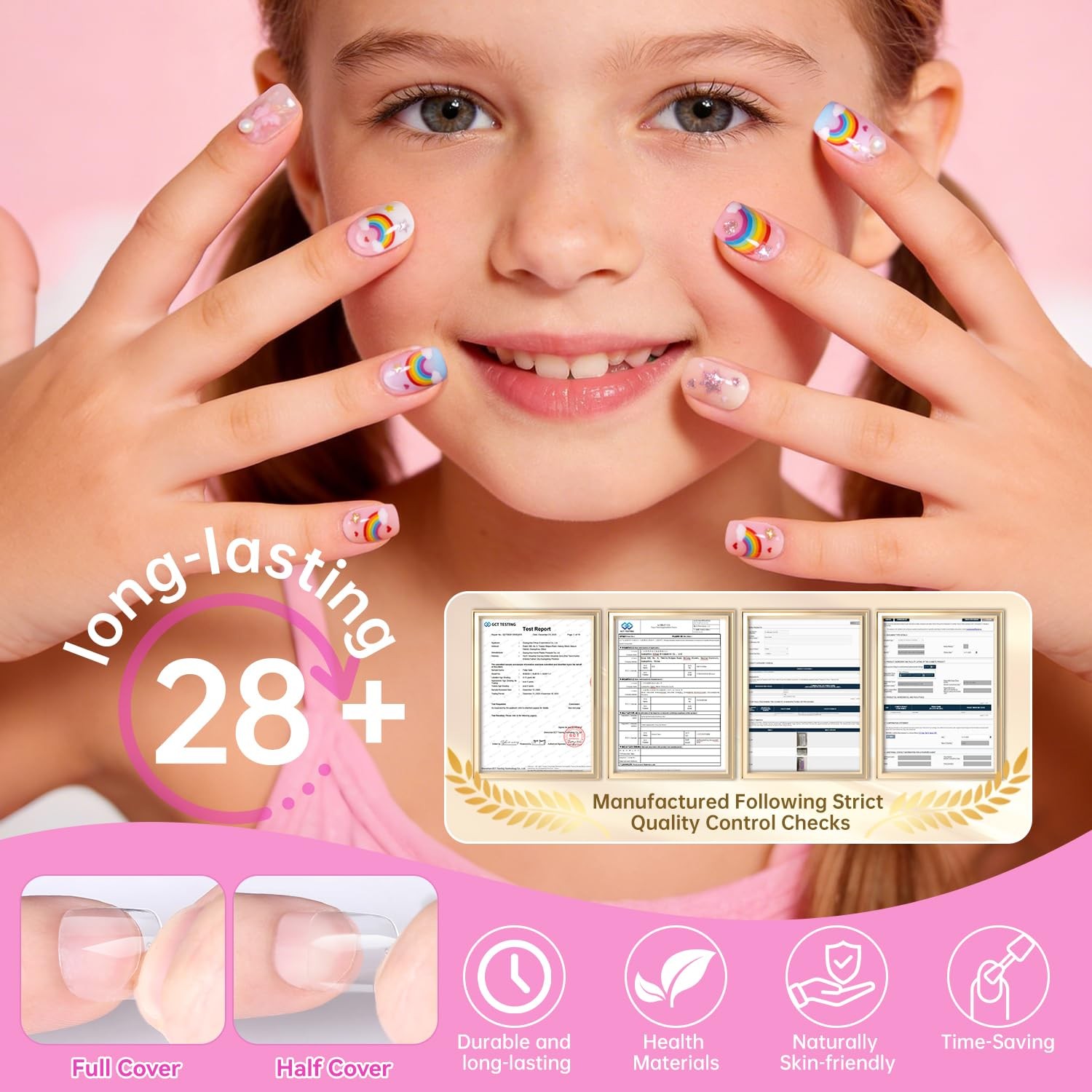 krofaue Short Suqare Kids False Nails – Full Cover Sizes #0 To #9, A Clear