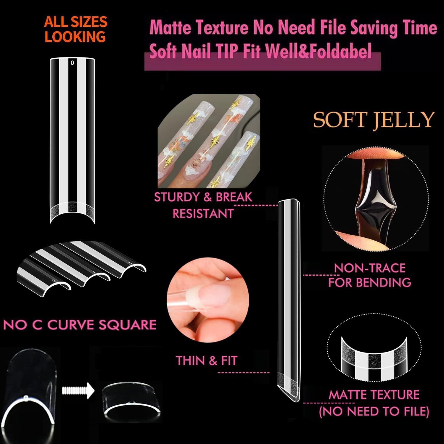 Nail Tips Square XXL Tips 120 PCS No C Curve Gel Tips Extra Long Square Straight