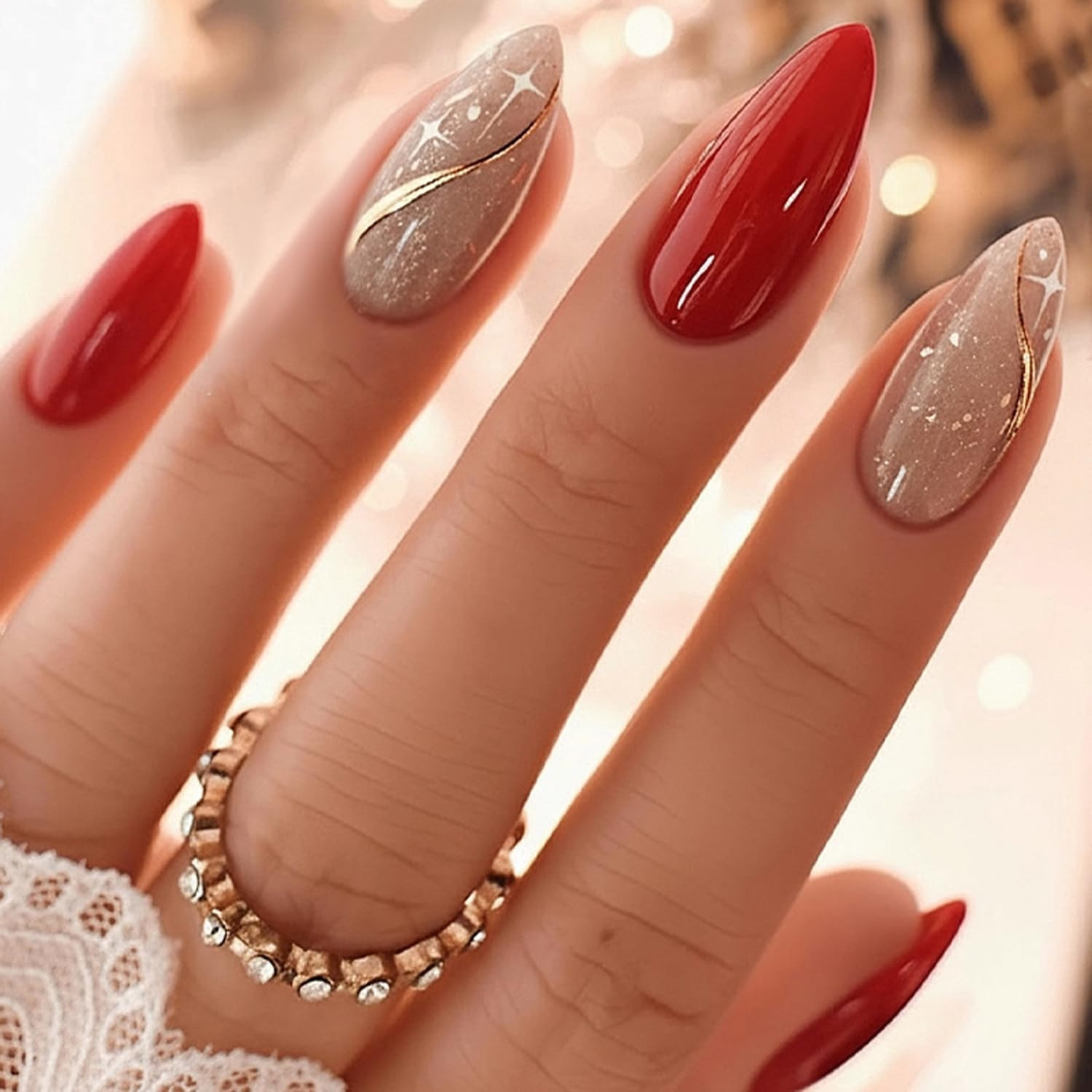 Almond Press on Nails Medium Fake Nails Flower Pearls with Glitter Design French