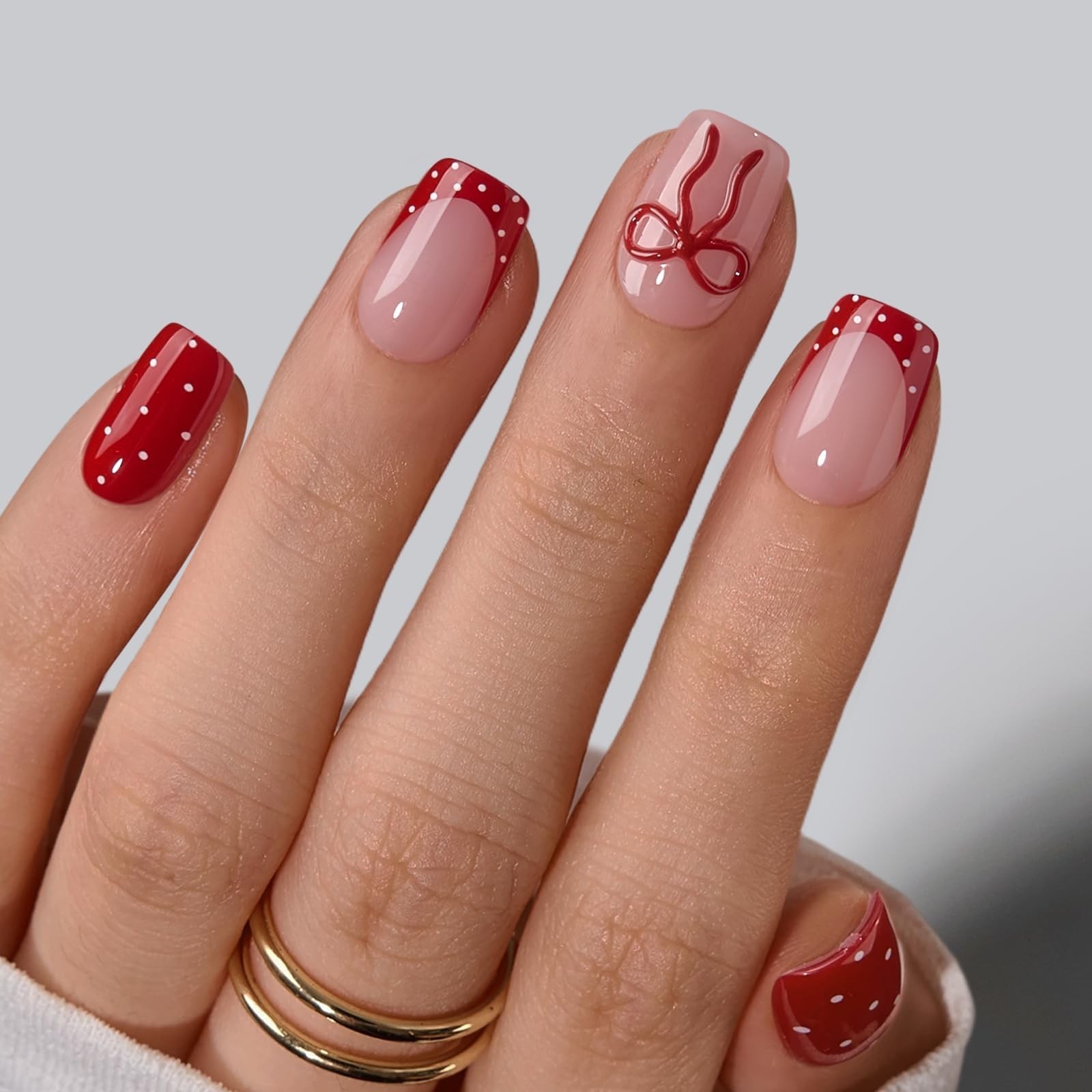 Press On Nails Red French Tip XS Squoval 32Ct | 2+ Weeks Wear, Easy Application,