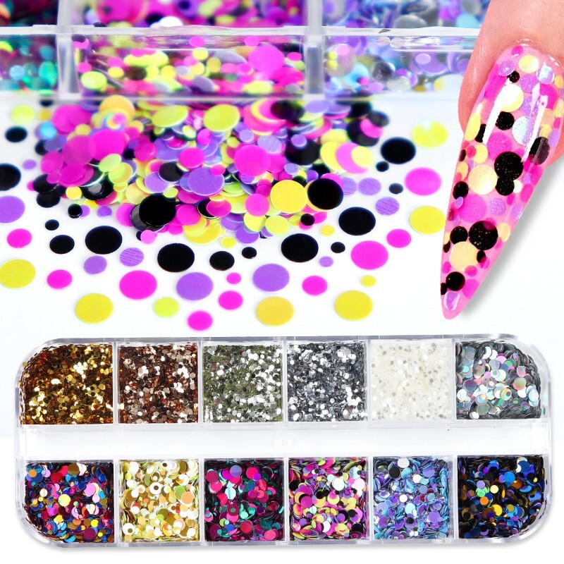 12 Grids Mixed Colors Round Dot Shape Nail Sequins Flakes Nail Art 3D Decoration