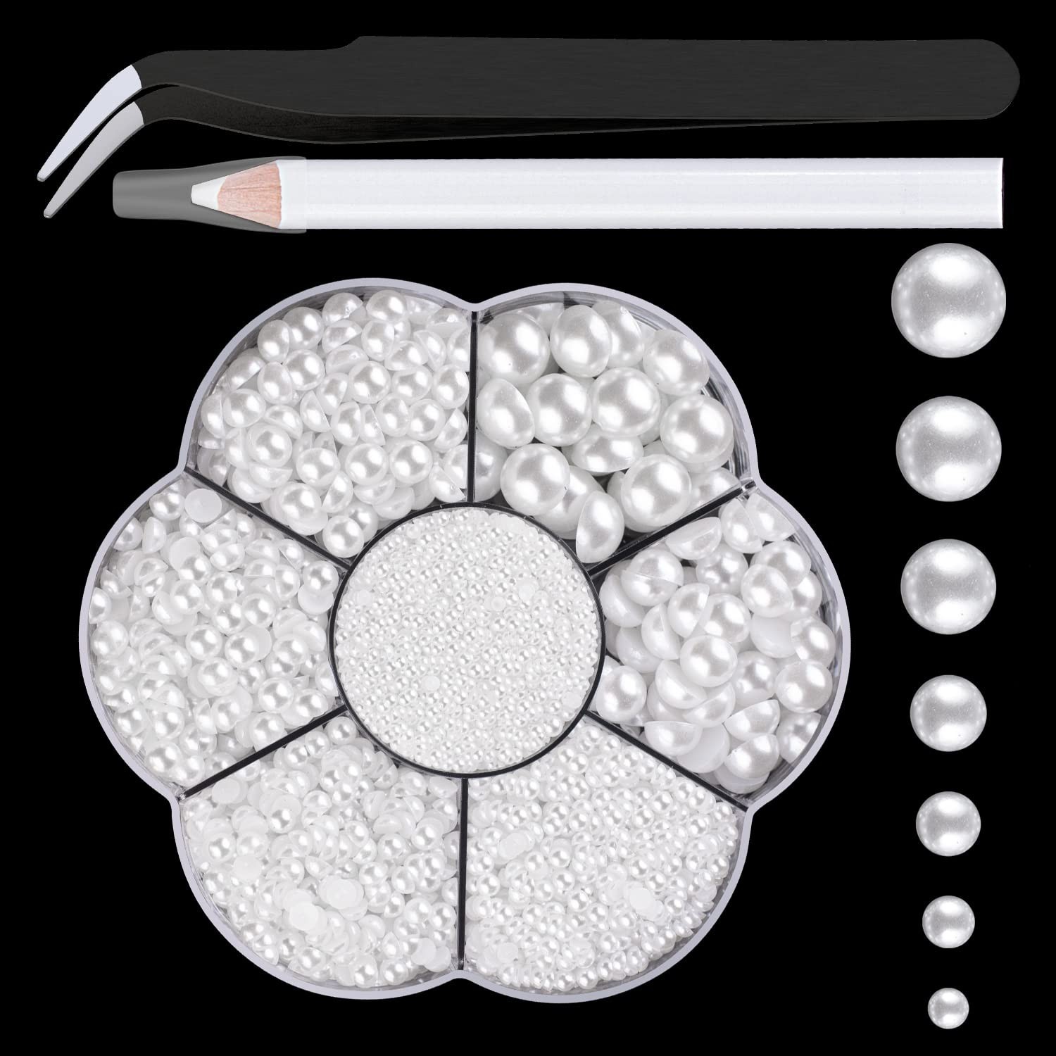 DIY Nail Art Pearl Kit with 2400 Flat-Back Pearls, Tweezer & Picker Pencil