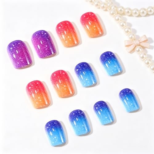 24Pcs Glitter Press on Nails Short Square Fake Nails colorful fake nails-13