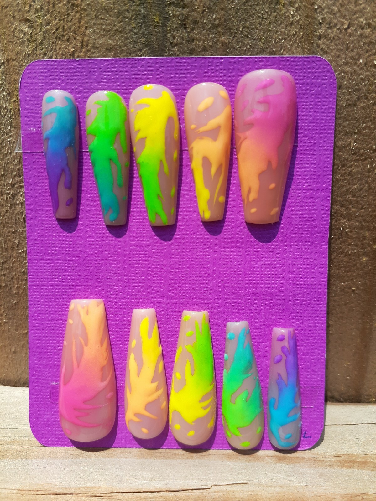 Rainbow Paint Splatter Neon Bright Summer Tropical Nude Vacation Press On Nails