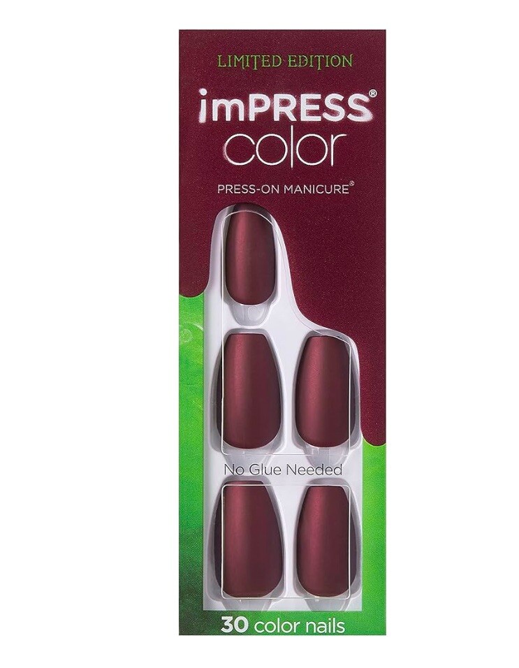 KISS imPRESS Color Matte Burgundy Wine Medium Length Press-On Nails Lights Out