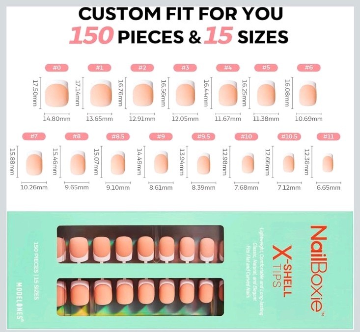 Modelones Nail Boxie X-Shell Tips 150 Pieces French Gel Nails 15 Sizes