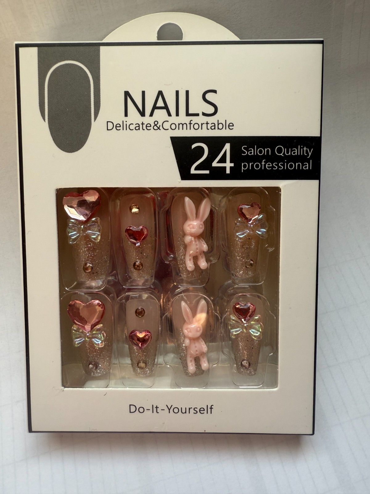 24pcs Pink Press On Nails Long Coffin French Tip Acrylic Fake Nails Heart Bunny